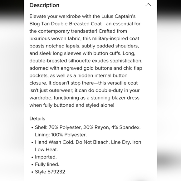 LULUs Elegant Tan Double-Breasted Women's Coat. Sz. M NWT - Picture 7 of 8